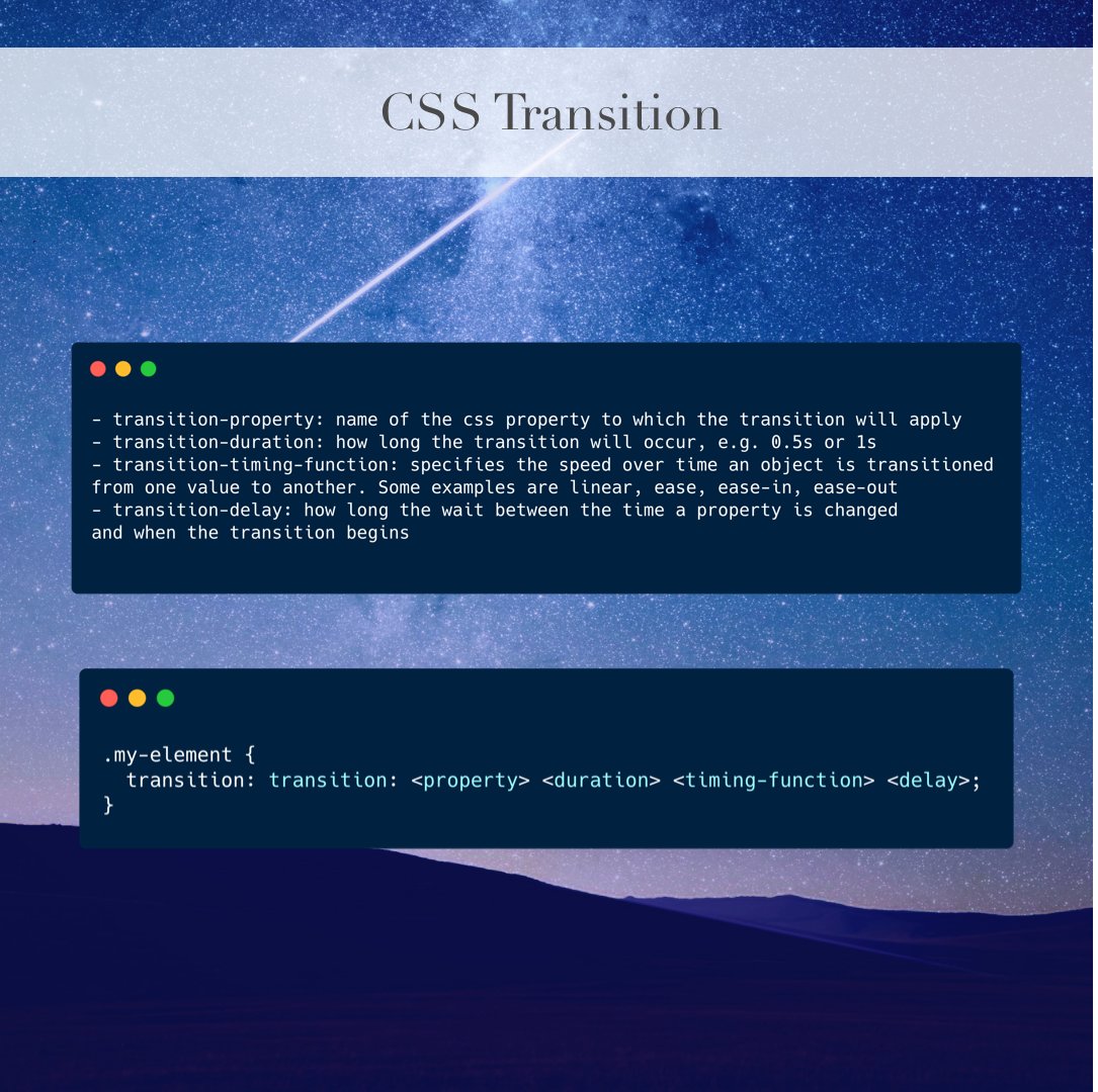 the_dev_diaries's tweet photo. #CSS transitions allow you change a property value over a given duration. https://t.co/F2W8A6J0wJ
#css3 #webdevelopment #developers #frontend #programmer #softwaredeveloper #html5 #webdesign #webdesigner #userexperience #userinterface #ui #uiux #uxdesign #websitedesign https://t.co/PDjjBagEFp