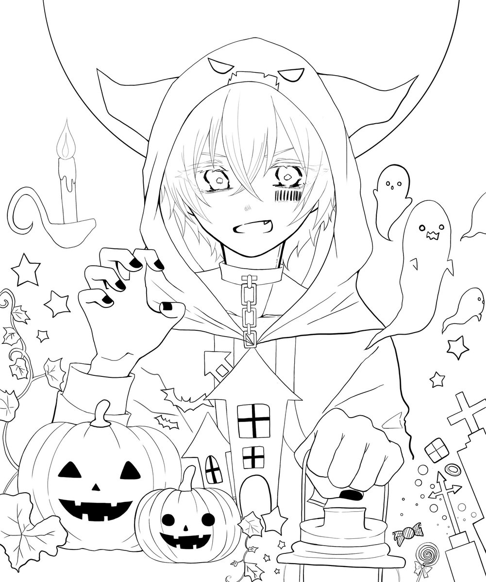 Salt イラスト好きさんと繋がりたい まふまふさん好きと繋がりたい まふまふ フリー線画 ハロウィン 線画描いたは良いけど 僕色塗り下手だった どなたか塗って下さいませんか