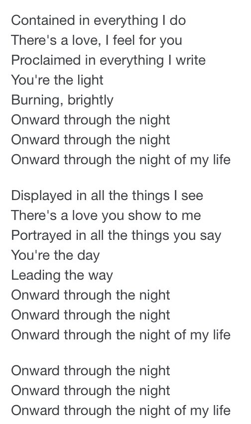 motorheadengine's tweet photo. @yesofficial Onward

Contained in everything I do
There's a love, I feel for you
Proclaimed in everything I write
You're the light
Burning, brightly
Onward through the night
Onward through the night
Onward through the night of my life
#perfect #lyricsforus https://t.co/DkaqqQ8uCZ