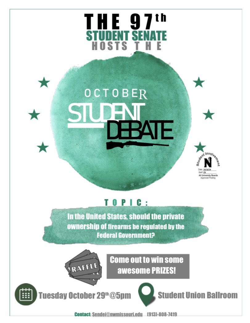 NWsenate's tweet photo. Reminder: Our first ever Student Debate is tomorrow at 5-7 PM in the union Ballroom. There will be free raffle, snacks and refreshments!! #StudentSenate2019 #OctoberDebate https://t.co/fwQWKIJXQ8