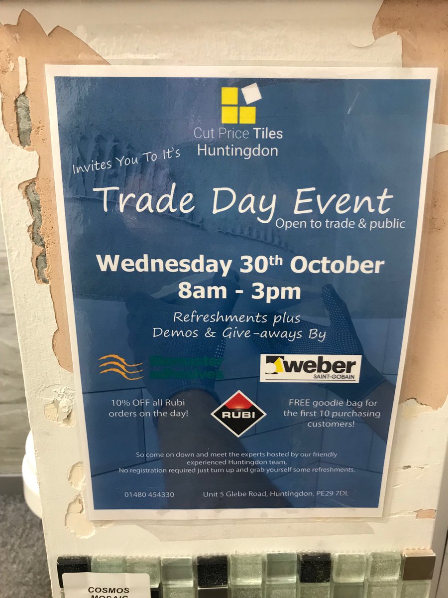Come and join us on Wednesday at Cut Price Tiles Huntingdon  trade day the Tilemaster team will be there to answer all of your pressing tiling questions👍🏻