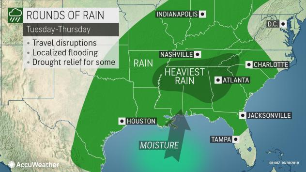 An influx of moisture from the Gulf of Mexico will bring widespread rain and thunderstorms to the Deep South and Southeast midweek: ow.ly/sOfa50wVSdt