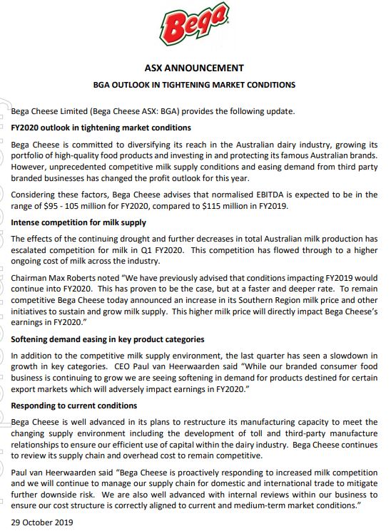 Bega Cheese downgrades earnings guidance $95-105million for FY2020 due to increased competition for milk, soft export demand. Also flagged a manufacturing restructure $BGA <a href="/ABCRural/">ABC Rural</a>