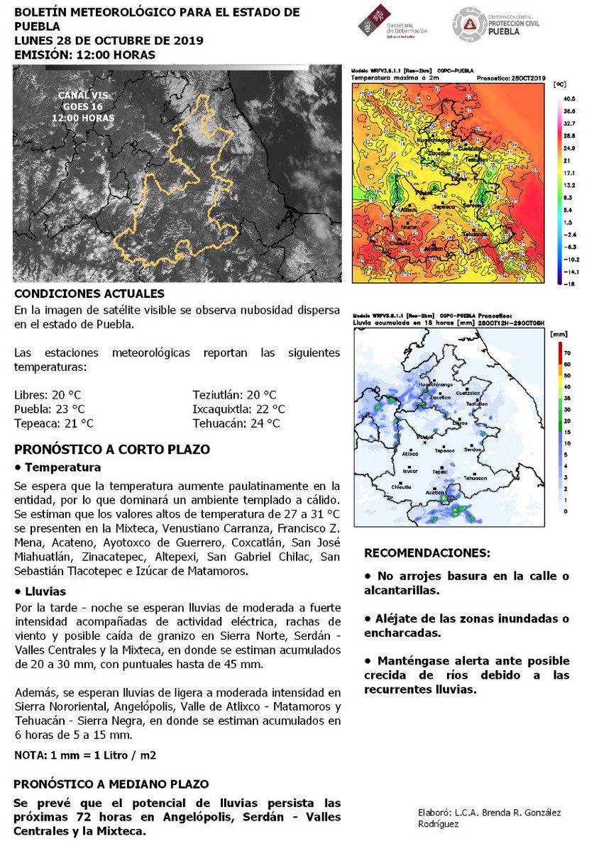 PCGobPue's tweet photo. ⛈Por la tarde - noche se esperan #lluvias de #moderada a 
#fuerte intensidad en:

• Sierra Norte 
• Serdán - Valles Centrales
• Mixteca 

🌧En el resto del estado de #Puebla se presentarán #lluvias #ligeras a #moderadas.

⚠Consulte la actualización del boletín meteorológico. https://t.co/Svy8SRqCQc