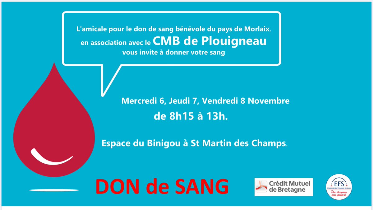 Le CMB de Plouigneau en association avec l’Amicale pour le don du sang du pays de Morlaix vous invite à donner votre sang. Rdv pris avec les salariés de l’UT de Morlaix les 6, 7, 8 novembre et remise d’un chèque #solidarité <a href="/EFS_dondesang/">Établissement français du sang</a> <a href="/WeAreArkea/">WAA|Actus</a> <a href="/CMBPaysMorlaix/">CMB Pays de Morlaix</a>