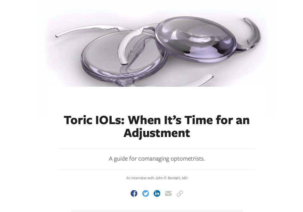 John Berdahl, MD, shares some tips for comanaging ODs on recognizing when a patient’s toric IOL should be adjusted after cataract surgery and what to do about it. hubs.ly/H0lhftQ0 #IOL #toricIOL #cataractsurgerycomplications #optometry #comanagement