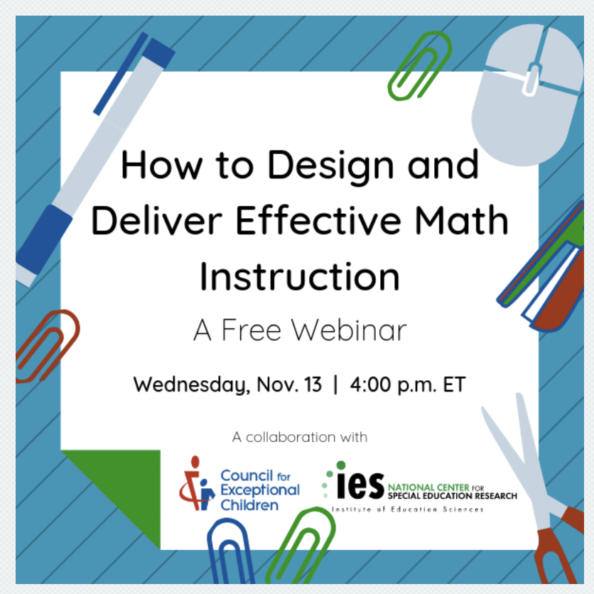sarahpowellphd's tweet photo. Join me on 11/13 at 4p (eastern) for a FREE @CECMembership @IESResearch webinar about #math! I'll review what's essential to include in any math intervention. @MCPER_EDU  Sign up here: https://t.co/qtzbbcEtnp https://t.co/8fLliPO4vy