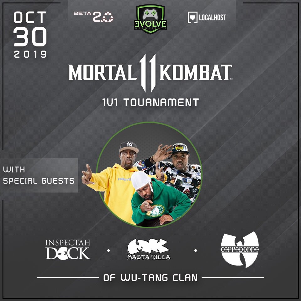 BetaNightclub's tweet photo. Cappadonna, Inspectah Deck, and Masta Killa of the legendary @WuTangClan join us for EVOLVE Wednesdays Grand Opening Mortal Kombat 11 tourney on Oct 30, powered by @localhostdenver! 

Tickets :: https://t.co/p88svMhyJj https://t.co/zcc7Pf50AO