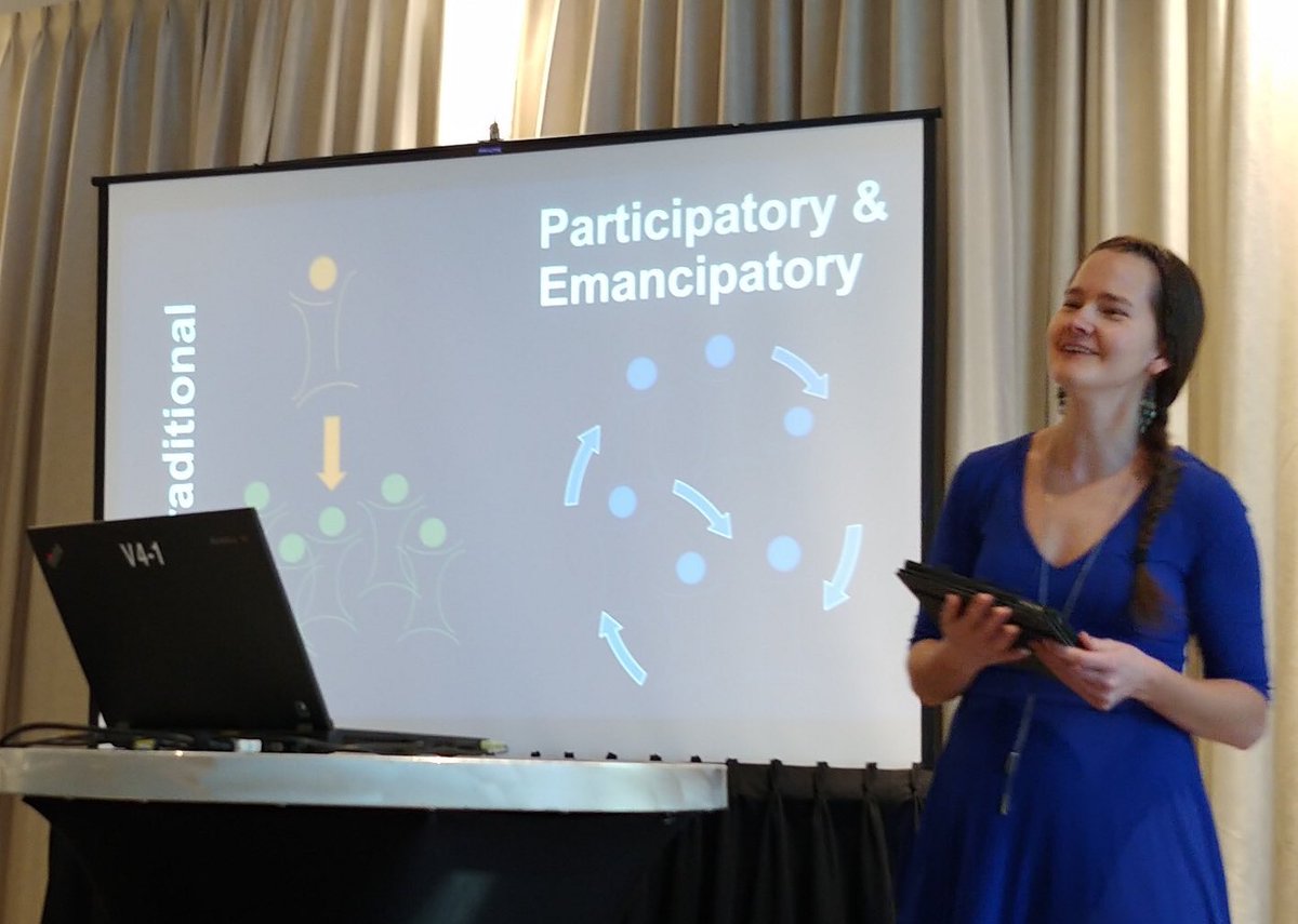 cath_back's tweet photo. Tweet on behalf of Natasha, who is impressed with @LYBOTโs emphasis on research *with* rather than research *on* during discussion of participatory & emancipatory perspectives in session on โblurry linesโ #QHR2019YVR #TextToTweet @UBCOSOT https://t.co/N8PBbOlQk2
