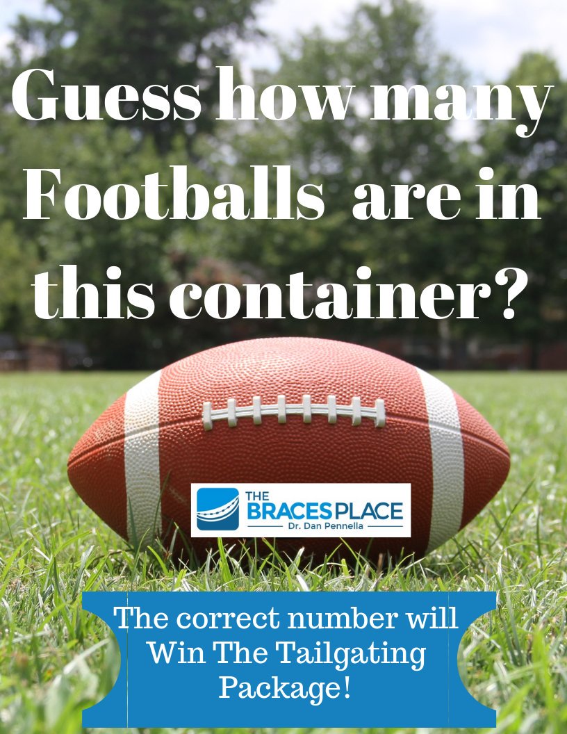 TheBracesPlace's tweet photo. Have you guessed how many footballs are in this jar?
We will give away this awesome prize before the Carolina & Clemson game!
#TailgatePackage
#TheBracesPlace https://t.co/sjx7mySPnz