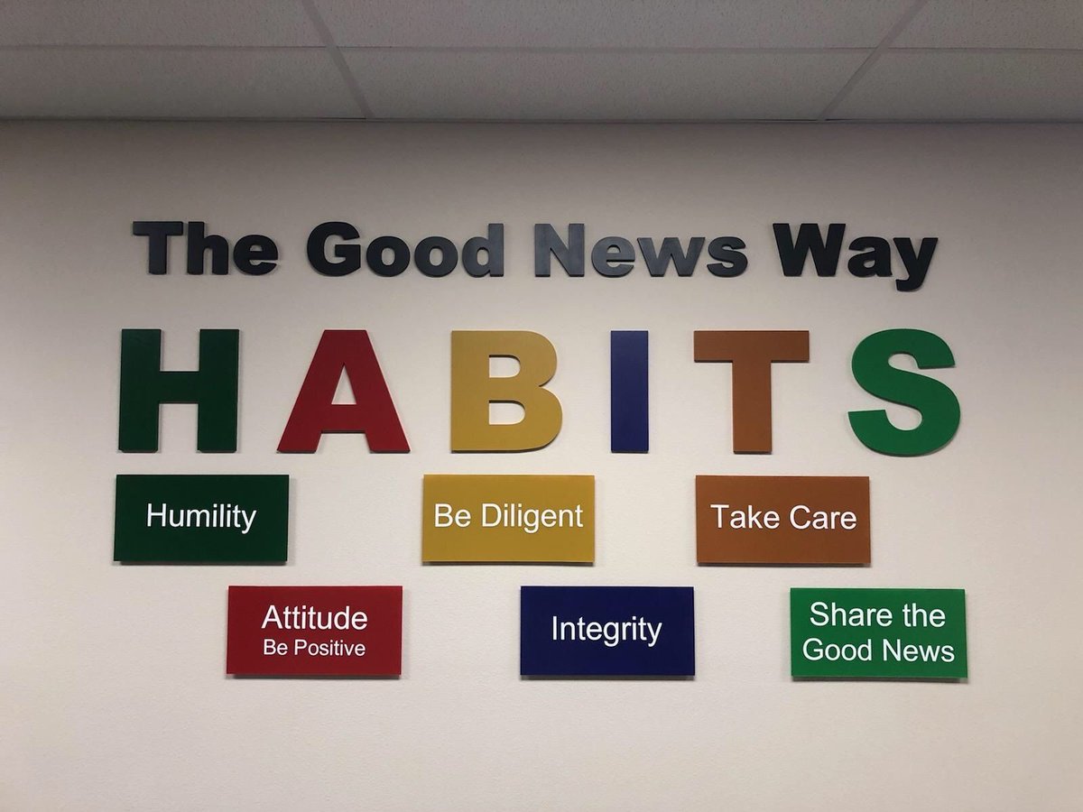 DougPoll's tweet photo. How does your company live out it‘s Core Values? One of the best ways C12 members have found it to creatively display them. This is the hallway at C12 member Good News Pest Solutions! #c12group #corevalues #christianleadership #christianleadership training https://t.co/uua22aycpT