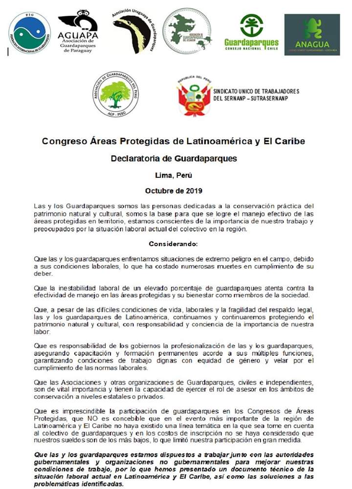 EcGuardaparques's tweet image. Compartimos la Declaratoria de Guardaparques, en el marco del @AreasCaribe #IIICAPLAC; es un trabajo en conjunto del Comité Técnico Latinoamericano de Guardaparques, #FIG y las diferentes organizaciones de Guardaparques

#SinGuardaparquesNoHayConservación

#AsoGuardaparquesEc