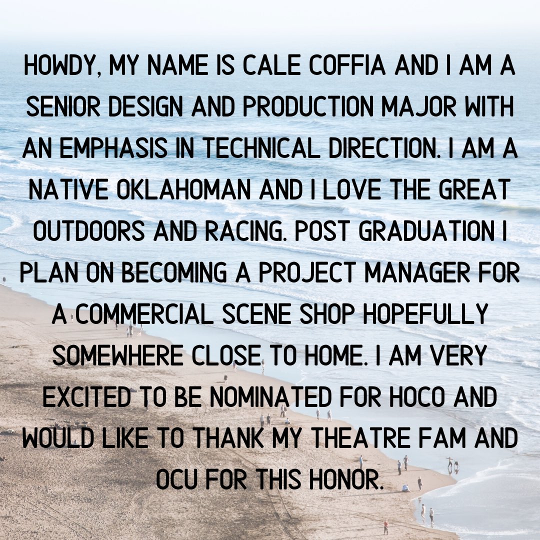 The Homecoming King Nominee for USITT is Cale Coffia!
