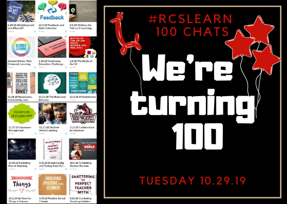 RCSLearn's tweet photo. @RCSLearn Twitter Chat number 100 is taking place on Tuesday, October 29th at 8 pm - please join us for this exciting milestone! #RCSLearn #INeLearn @wearrrichmond https://t.co/ReSDfoJqOP