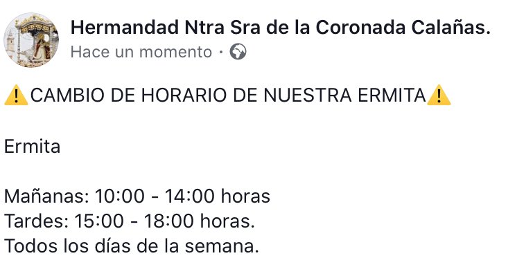 ⚠️‼️CAMBIO DE HORARIO EN NUESTRA ERMITA‼️⚠️