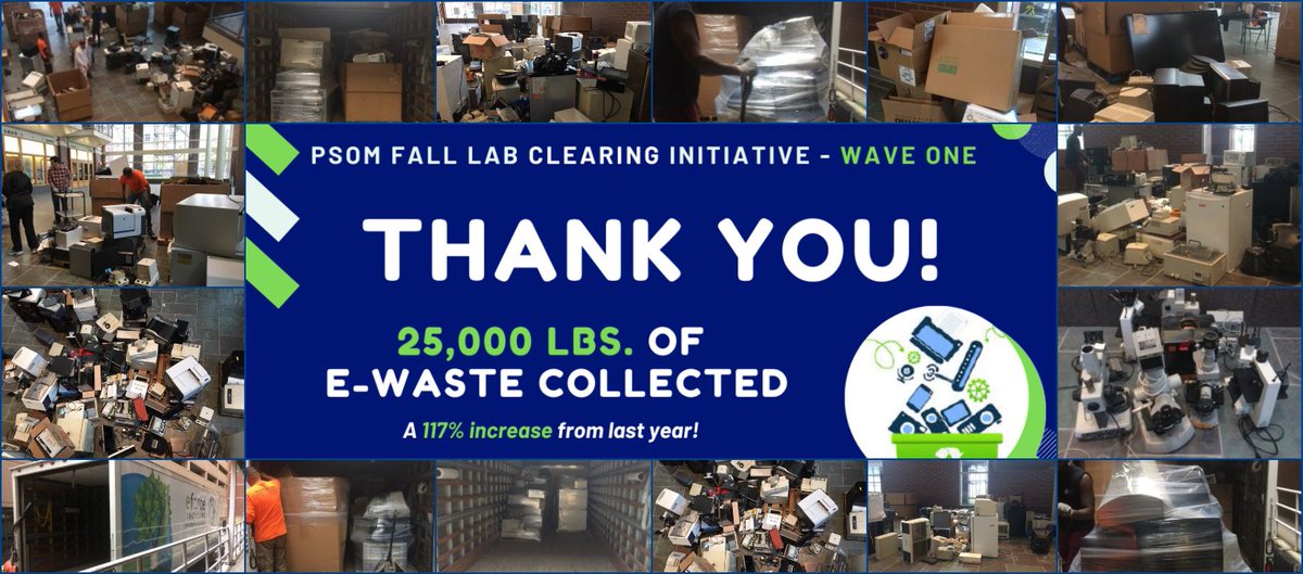 PennMedCSO's tweet photo. Congratulations to the winner of the 1st wave of our #PSOMLabClearing challenge, @jisaacmurray's lab (@PennGenetics), &amp; THANK YOU to all participating labs who helped us recycle more than 25,000 lbs. of e-waste last week!♻️🎉 For more info, please visit https://t.co/mHBJnPsyC1 https://t.co/j0iOx3Dz0t