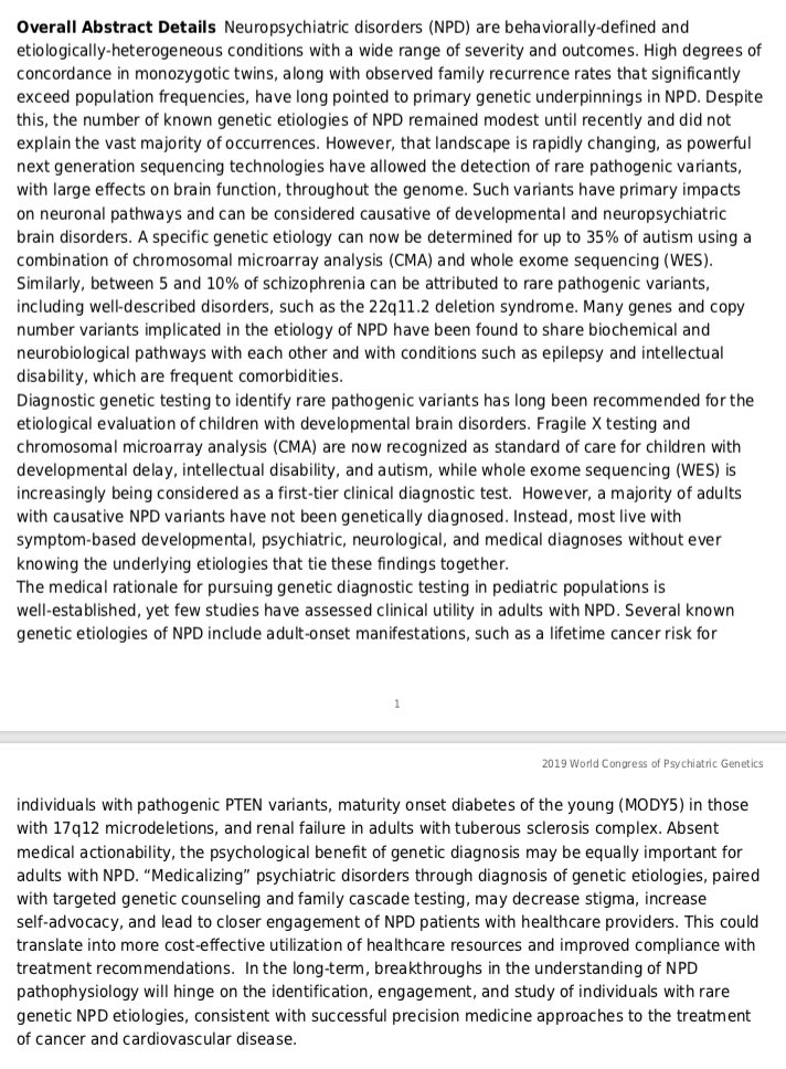 Boris Chaumette (@borischaumette) on Twitter photo Excellent session in the #WCPG2019 about the diagnostic genetic testing of adults with neuropsychiatric disorders with <a href="/dhledbetter/">David H Ledbetter (he/him)</a> @brenda_finucane @dmorenodeluca <a href="/psych_engage/">EnGagE Action</a> <a href="/clesemartin/">Christa Lese Martin</a>
- clear benefits of testing the patients
- 91% agree
- why waiting? Excellent session in the #WCPG2019 about the diagnostic genetic testing of adults with neuropsychiatric disorders with <a href="/dhledbetter/">David H Ledbetter (he/him)</a> @brenda_finucane @dmorenodeluca <a href="/psych_engage/">EnGagE Action</a> <a href="/clesemartin/">Christa Lese Martin</a>
- clear benefits of testing the patients
- 91% agree
- why waiting?