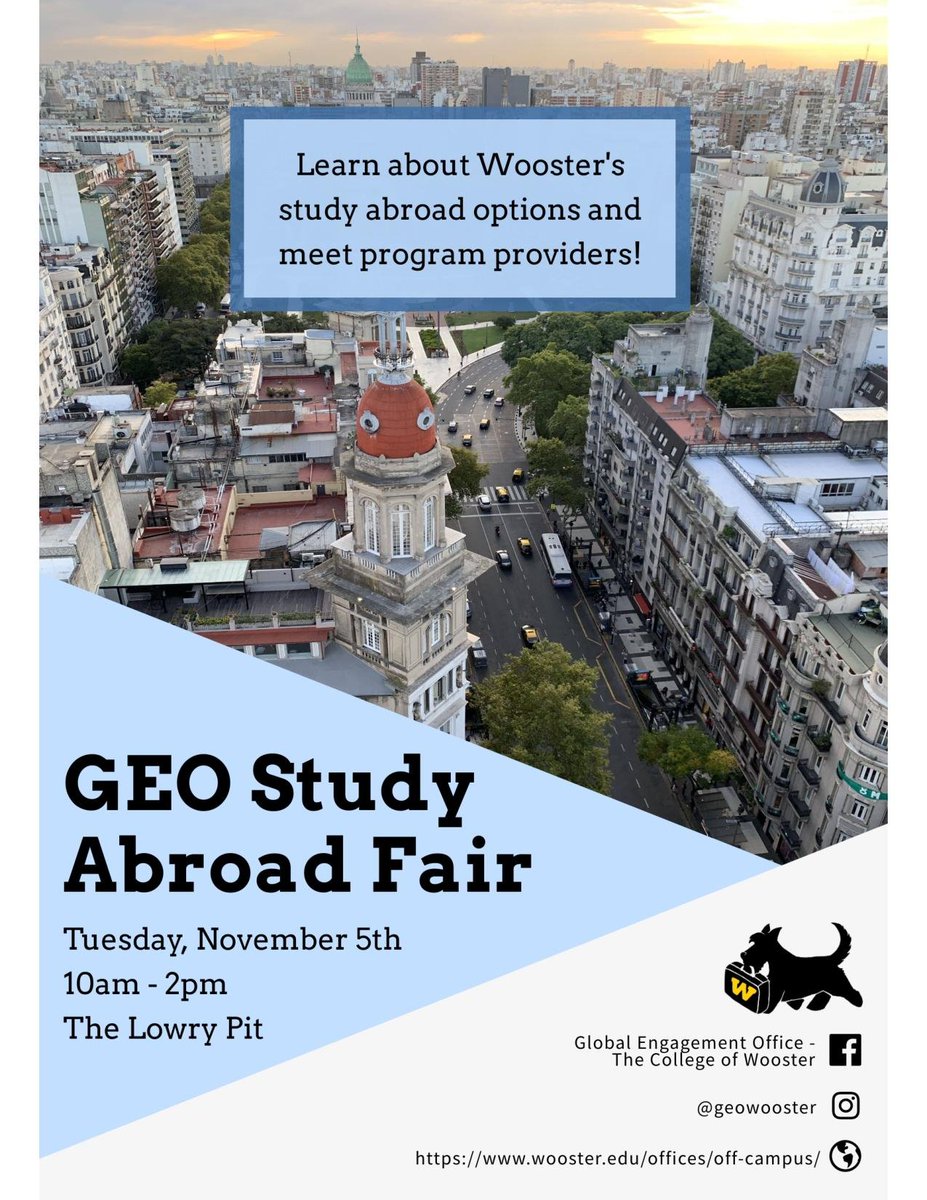 GEOWooster's tweet photo. It's that time of the year! The GEO Study Abroad Fair is happening NEXT WEEK! 

Mark your calendars for November 5th from 10 am to 2pm in the Pit (Lowry). https://t.co/kKqsHJ3CEH