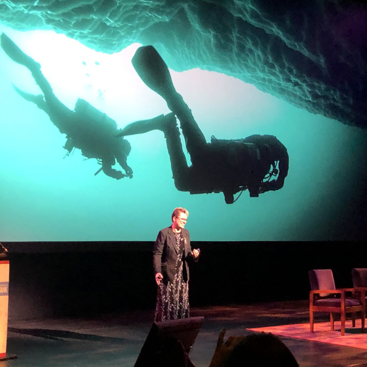 SimmsMann's tweet photo. From the 2019 #SimmsMannTT – an exciting presentation from world renowned cave diver @JillHeinerth sharing her use of mindfulness and attention to keep her safe during dives. #ThinkWholeChild #CaveDiving https://t.co/CFoqs9rTPk
