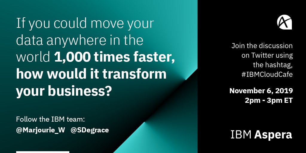 Marjourie_W's tweet photo. #IBMCloudCafe - Interactive Chat
Nov 6 from 2pm - 3pm ET
Use the hashtag #IBMCloudCafe to interact with us and the #IBMTeam live. We will focus on #datatransfer.
To register for a demo, please direct message @SDegrace
or @Marjourie_W
#AsperaonCloud #Streaming #Automation https://t.co/TGQHm5fsau