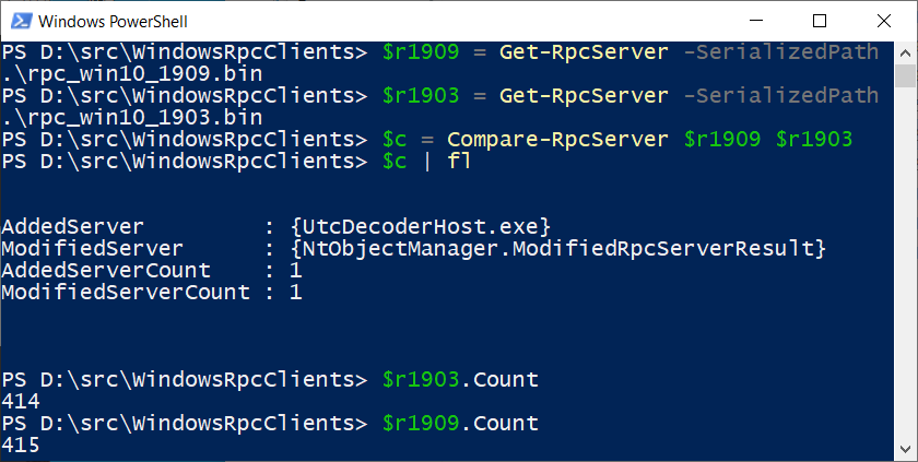 Using NtObjectManager Compare-RpcServer to compare RPC servers on Windows 10 1903 to 1909.