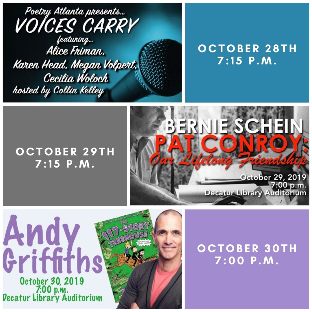 dekalblibrary's tweet image. The Georgia Center for the Book has 3 more events in October! Poetry Atlanta's Voices Carry reading is tonight, Bernie Schein discusses his book on Pat Conroy tomorrow, and children's author Andy Griffiths reads on Wednesday. See our website for more! georgiacenterforthebook.org