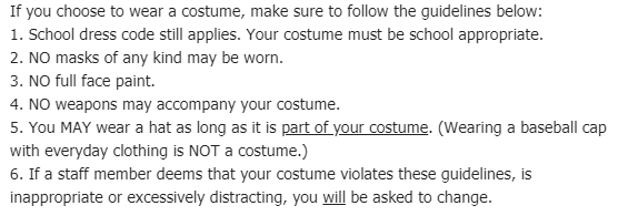 BCreekPrincipal's tweet photo. ATTENTION BHS STUDENTS

BHS Halloween Costume Guidelines - Thursday 10/31/19

We hope to see some creative, school appropriate costumes!

@BcrkSchools   @bcreekathletics https://t.co/IZ9EIZ8D1o