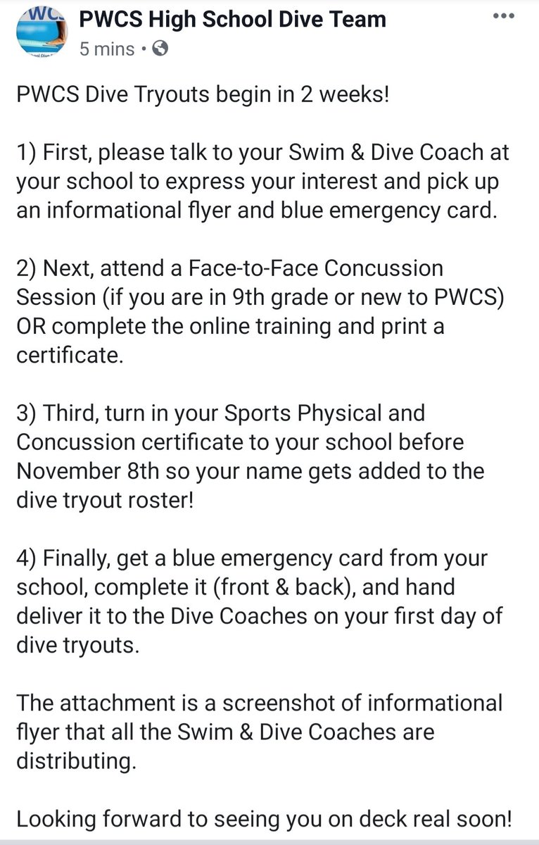 PWCSdive's tweet photo. PWCS DIVE TRYOUTS BEGIN IN 2 WEEKS!  Are you ready? Please click on all 3 pictures to learn/read about the tryout process... https://t.co/Qgr8xGdnWT