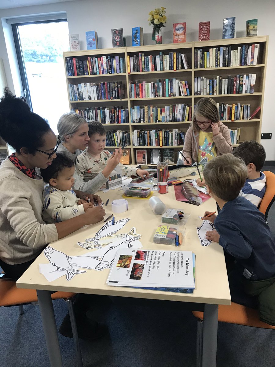 WUFoundation's tweet photo. @WUFoundation using their #YearoftheSalmon IYS small grant for half term events. Family fish fun at #HayonWyeLibrary finding out about the lifecycle our amazing Atlantic salmon. Thanks all for a lovely library session! #TheSalmonLady on tour this week #ChepstowHub tomorrow 10.30 https://t.co/KOOCLLl4Qo