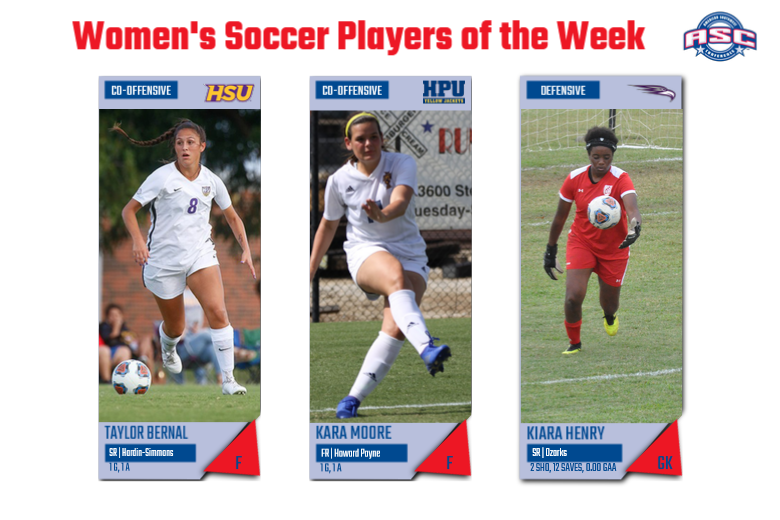 WSOC | <a href="/HSUAthletics/">HSU Athletics</a> Taylor Bernal, @hpusports Kara Moore, <a href="/UofOAthletics/">Ozarks Athletics</a> Kiara Henry named ASC Women's Soccer Players of the Week bit.ly/34day4y #ASCsoccer #d3soccer