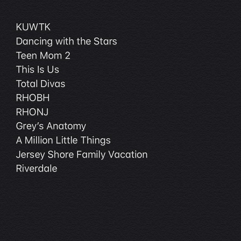 emilyjayross's tweet photo. watching this many shows per week is starting to be a little stressful...mix in my YouTube videos per week dear god https://t.co/d24pGOhfru