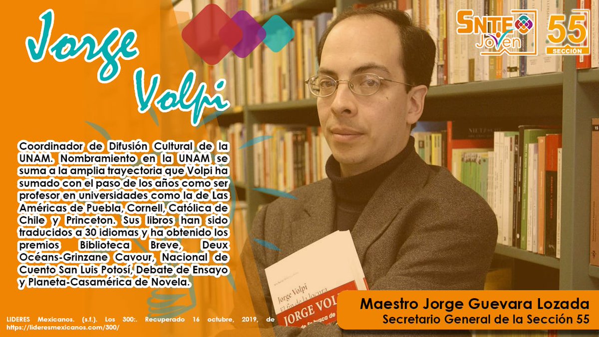 #preSNTE55
#SNTEJoven55Tlax
#JorgeVolpi es un 
#EscritorMexicano miembro de la denominada #generacióndelcrack y actualmente coordinador de Difusión Cultural de la #UNAM. En 2018 obtuvo el Premio Alfaguara por su obra Una novela criminal.