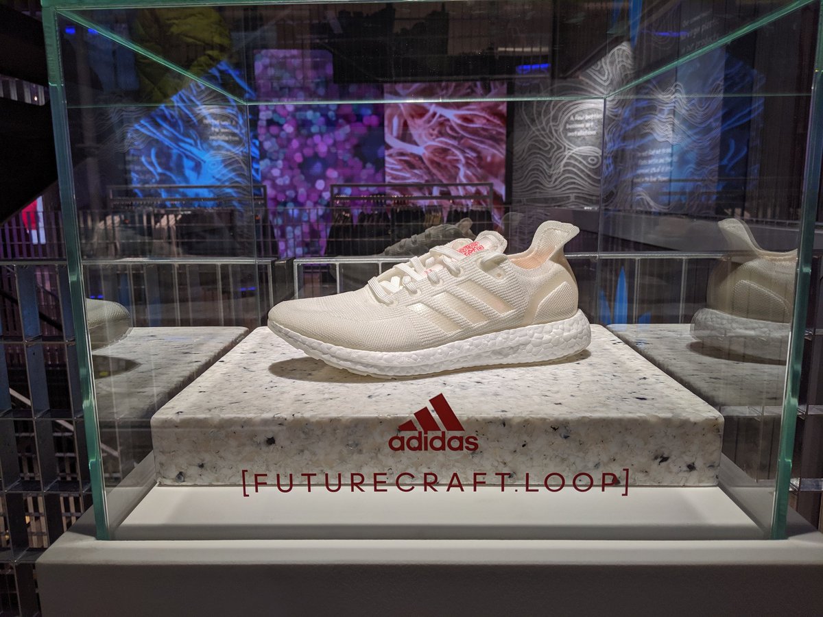 amy_tsang7's tweet photo. Prototype of the world's first 100% #recyclable shoe @adidas #OxfordStreet flagship store - target to launch 2021 #madetoberemade #futurecraftloop - made entirely from #plastic retrieved from our planet's oceans 🌊 https://t.co/OG2qcdAfxA