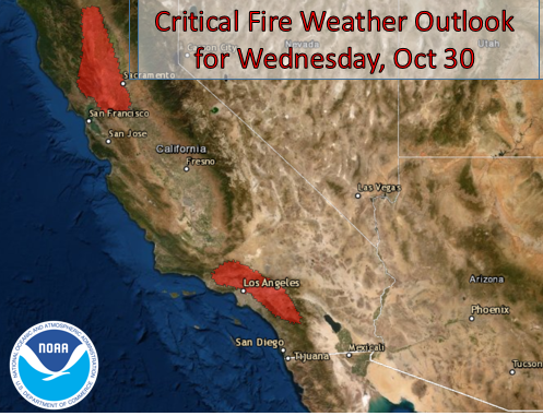 NWS's tweet photo. Critical-to-extreme fire weather conditions are expected to linger into Friday across portions of California. Gusty offshore winds of up to 60 mph and low humidity will raise risks for quickly-growing wildfires. Listen to local officials and report immediately any new fires. https://t.co/1oCWF2DTnn
