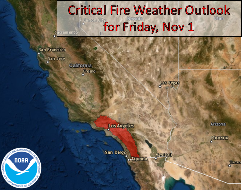 NWS's tweet photo. Critical-to-extreme fire weather conditions are expected to linger into Friday across portions of California. Gusty offshore winds of up to 60 mph and low humidity will raise risks for quickly-growing wildfires. Listen to local officials and report immediately any new fires. https://t.co/1oCWF2DTnn
