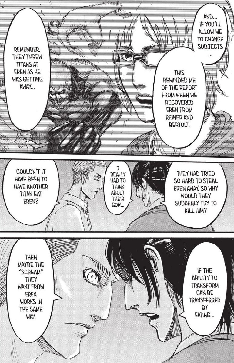 Problem is, if they needed Eren's powers and were prepared to use just any titan to get them, that means Reiss would have to eat THAT titan.Which means he doesn't care about eating his own people.Which means why not eat Reiner/Bertolt/Annie? (1/2)