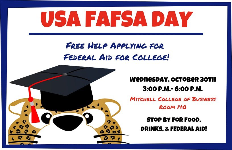 Let us help you complete your 2020-2021 FAFSA! Join us this Wed. Oct. 30th from 3pm-6pm in MCOB 140. 
•
#SouthAlabama #financialaid #financialassistance #fafsa #JagNation