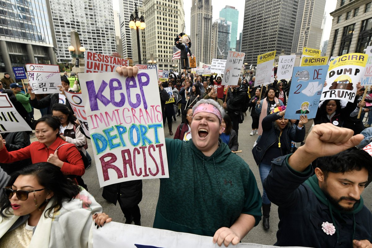 ajplus's tweet photo. President Trump visited Chicago for the 1st time in office and called the city an embarrassment to the nation. Chicago's top cop skipped the event and people turned out to protest. #ChicagoTrumpProtest https://t.co/Sehm4H7fpn