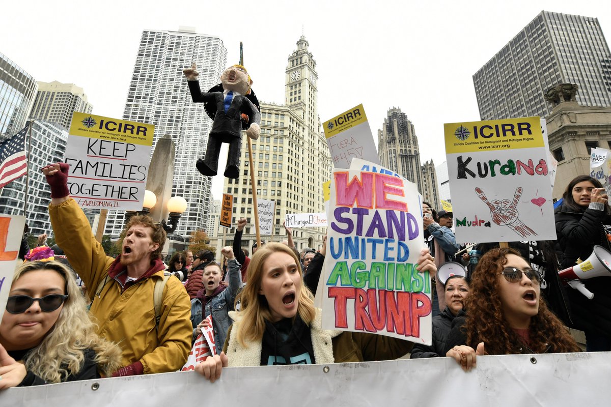 ajplus's tweet photo. President Trump visited Chicago for the 1st time in office and called the city an embarrassment to the nation. Chicago's top cop skipped the event and people turned out to protest. #ChicagoTrumpProtest https://t.co/Sehm4H7fpn