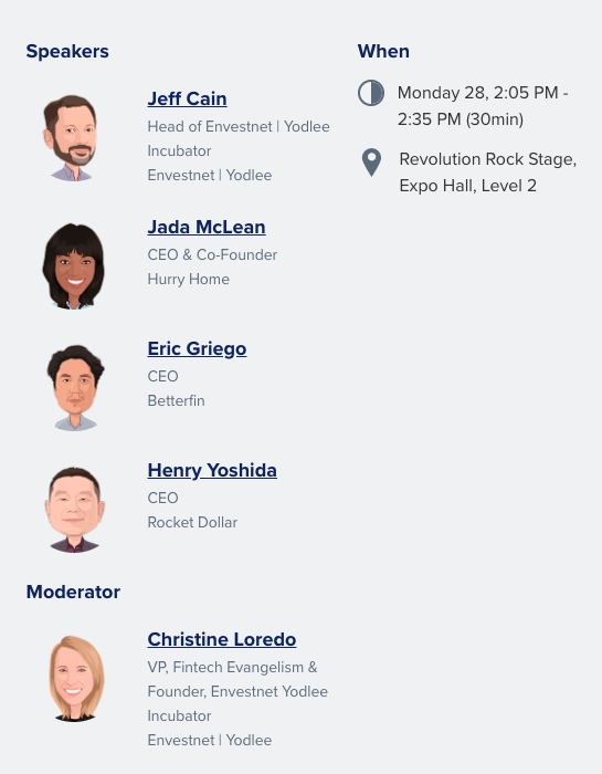 Don't missout - 2:05pm @ Revolution Rock Stage >> Come see our Director <a href="/jeffcain415/">Jeff Cain</a> and founder <a href="/christineloredo/">christineloredo</a> talk with our portfolio founders on how their leaders drive metrics to build traction &amp; funding. <a href="/Money2020/">Money20/20</a> #fintech #startups #Money2020 >>bit.ly/2BOwtTj