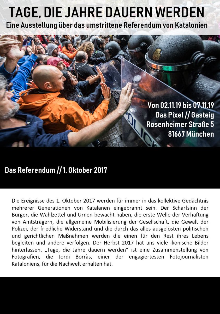 Am 02.11 habt ihr die Gelegenheit die Arbeit des Fotokournalists <a href="/jordiborras/">Jordi Borràs</a> ab 13:00 in das Pixel //Gasteig kennenzulernen. Am 03.11 sogar ab 09:00! Wir würden uns sehr freuen, wenn ihr vorbei kommt. Von 04.11 bis 07.11 findet ihr uns von 18:00 bis 21:00 #1Oktober #Freiheit