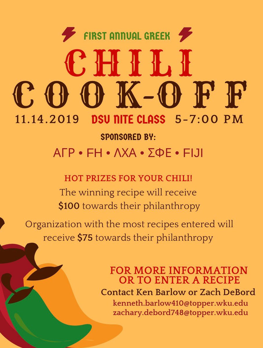 Come join the men of Fiji along with <a href="/WKU_AGR/">WKU Alpha Gamma Rho</a>, <a href="/WKU_FarmHouse/">WKU FarmHouse</a>, @LCA_WKU, and <a href="/WKUSigEp/">WKU SigEp</a> on Thursday, November 14th for the First Annual Greek Chili Cook-Off! Enter your chili for a chance to win up to $100 for your philanthropy! 🥣<a href="/WKUGreeks/">WKU Greeks</a> <a href="/WKUIFC/">WKU IFC</a> <a href="/WKUPanhellenic/">WKU Panhellenic</a>