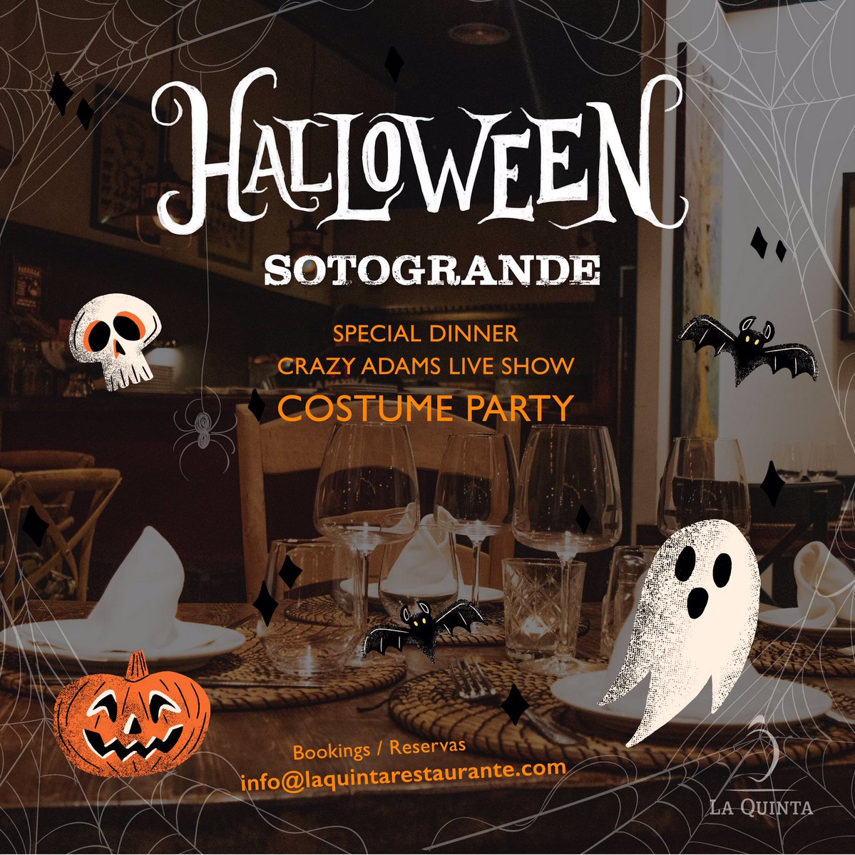 🎃 𝙎𝙋𝙊𝙊𝙆𝙔 𝙏𝙃𝙐𝙍𝙎𝘿𝘼𝙔 🎃
𝙔𝙤𝙪 𝙖𝙧𝙚 𝙞𝙣𝙫𝙞𝙩𝙚𝙙 𝙩𝙤 𝙖 𝙜𝙧𝙚𝙖𝙩 𝙃𝙖𝙡𝙡𝙤𝙬𝙚𝙚𝙣 𝘿𝙞𝙣𝙣𝙚𝙧-𝙋𝙖𝙧𝙩𝙮*

Thursday 31/10 at La Quinta #Sotogrande

Special #dinner, #CrazyAdams live show and #costume #party!
👻 Book ›› bit.ly/booklaquinta

#halloween