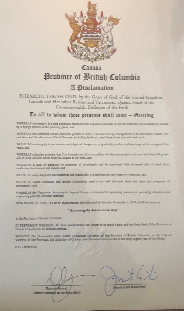 dbadiuk16's tweet image. With absolute great pleasure to share the BC GOVERNMENT approving 4th year in a row the Proclamation of ACROMEGALY AWARENESS DAY OF NOVEMBER 1st. @AcroVan #Acromegaly ⁦@markstrahl⁩ ⁦@BCGovNews⁩
