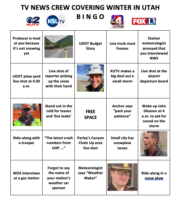 JeremyHarrisTV's tweet photo. This will be my SIXTH Winter covering news in Utah! So to spice things up, I figure I'd challenge my fellow TV news folks to a game of 'Covering Winter in Utah' BINGO! Good luck! @KUTV2News @abc4utah @fox13 @KSL5TV @johnegleason @UACwasatch @UTHighwayPatrol #WinterInUtah https://t.co/Eux5XERdMY