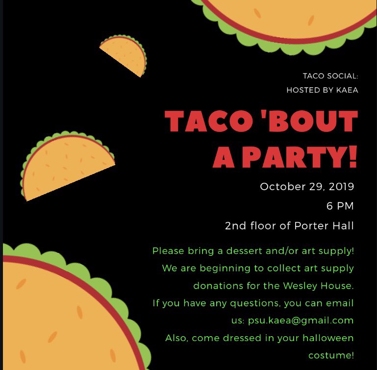 PSUArt's tweet photo. Tomorrow night at 6PM is the Halloween Taco Party in the art department! Costume Contest, tacos, and Hocus Pocus! Bring Dessert too! Come and have fun!! 🎃👻 https://t.co/yiDH4su1Xx
