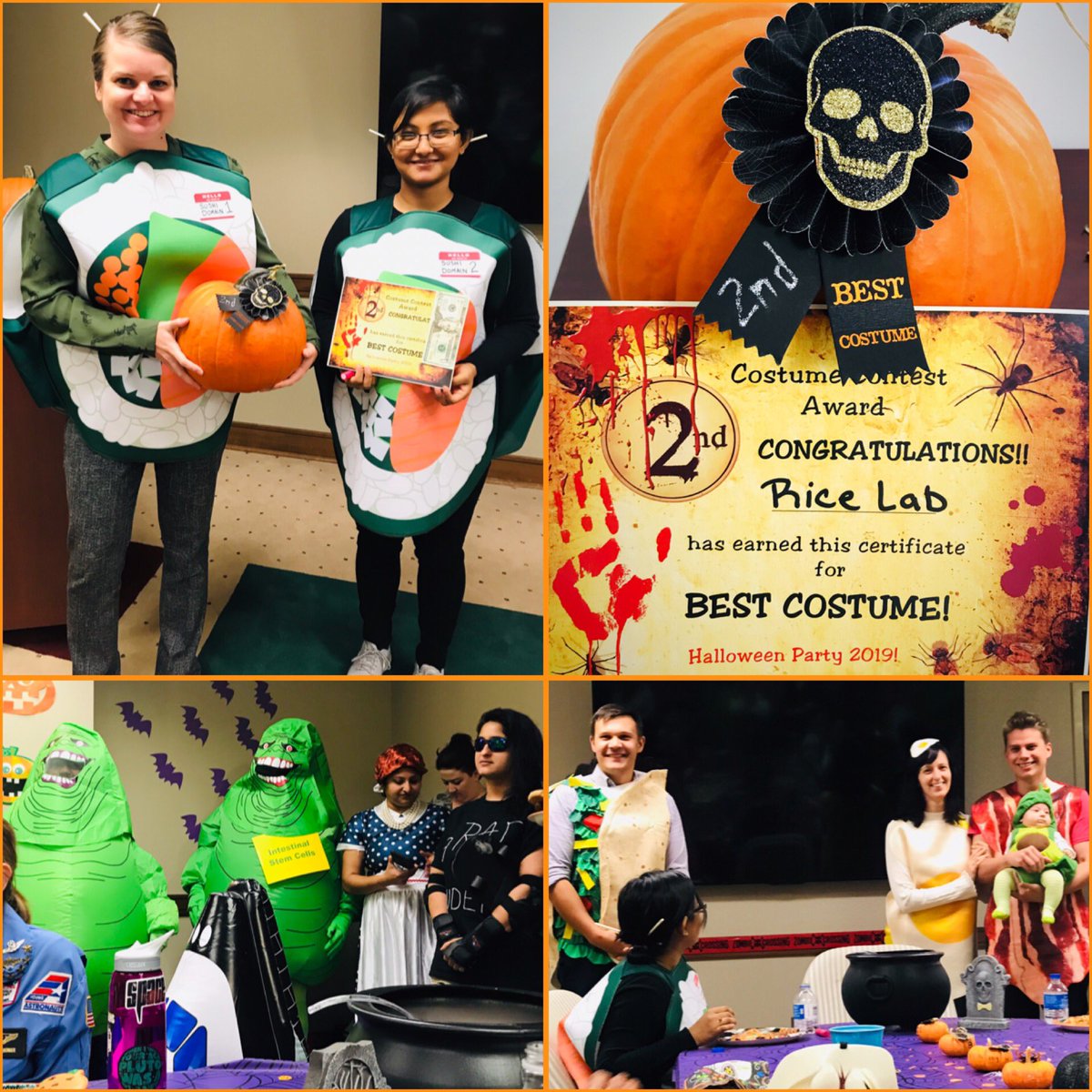 HeatherRicePhD's tweet image. The Oklahoma Center for Geroscience got the week started off right with a Halloween Party! @RiceLabOUHSC was dressed up as the Sushi 1 and Sushi 2 Domains of the GABA B Receptor and got 2nd place in the costume contest!  #ScienceCostume #NerdyCostume