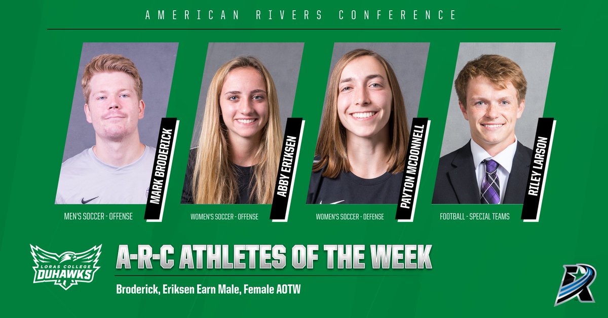 Four Duhawks Earned <a href="/AmerRiversConf/">American Rivers Conference (A-R-C)</a> Athlete of the Week honors and <a href="/LorasMSoccer/">Loras Men's Soccer</a>'s Mark Broderick and <a href="/LorasWSoccer/">Loras College Women's Soccer</a>'s Abby Eriksen were voted the Male and Female Athletes of the Week.  duhawks.com/news/2019/10/2… #GoDuhawks