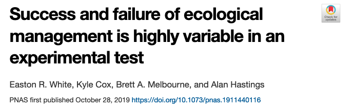 Ecological systems can be highly variable in space and time. How does this variability affect how we manage these systems? Using experiments and mathematical models to address this exact question we have a new paper out in @PNASNews  @uvmvermont @ucdavis @ucboulder (1/5)