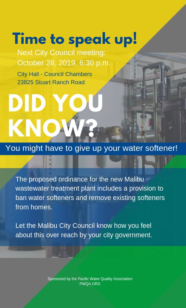PacificWQA's tweet photo. Meeting tonight your water softener fate #malibu, includes ban on new installs plus forced removal of ones currently installed. Public Hearings between 4 and 5:30 at City Hall 23825 Stuart Ranch Rd.   https://t.co/NmLzptBpPH https://t.co/qCBKW869hg